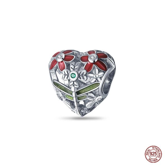 New 925 Sterling Silver Red Color Series Heart Shape Charms Beads Lucky Jewelry Gifts