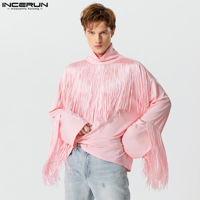

INCERUN Мужские свободные топы с высоким воротом и кисточками, длинными рукавами