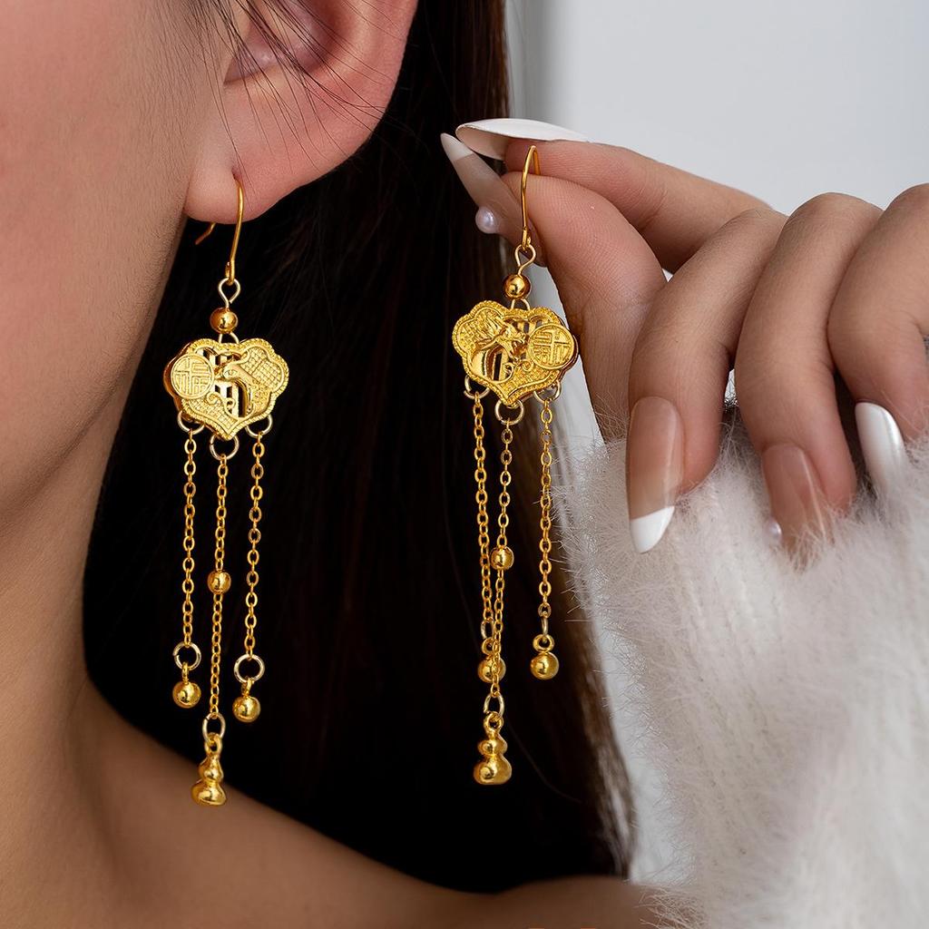 Classical Fu Character & Auspicious Clouds Tassel Earrings