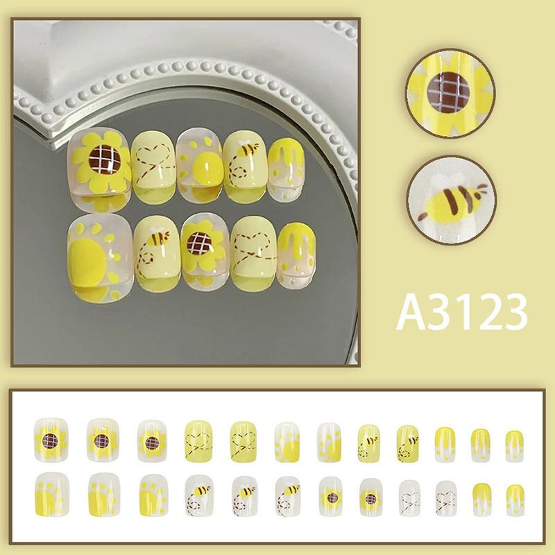 

24 шт. Милые мультяшные короткие квадратные накладные ногти с подсолнухом и пчелой, с гелевым клеем, съемные, с полным покрытием, искусственные накладные ногти