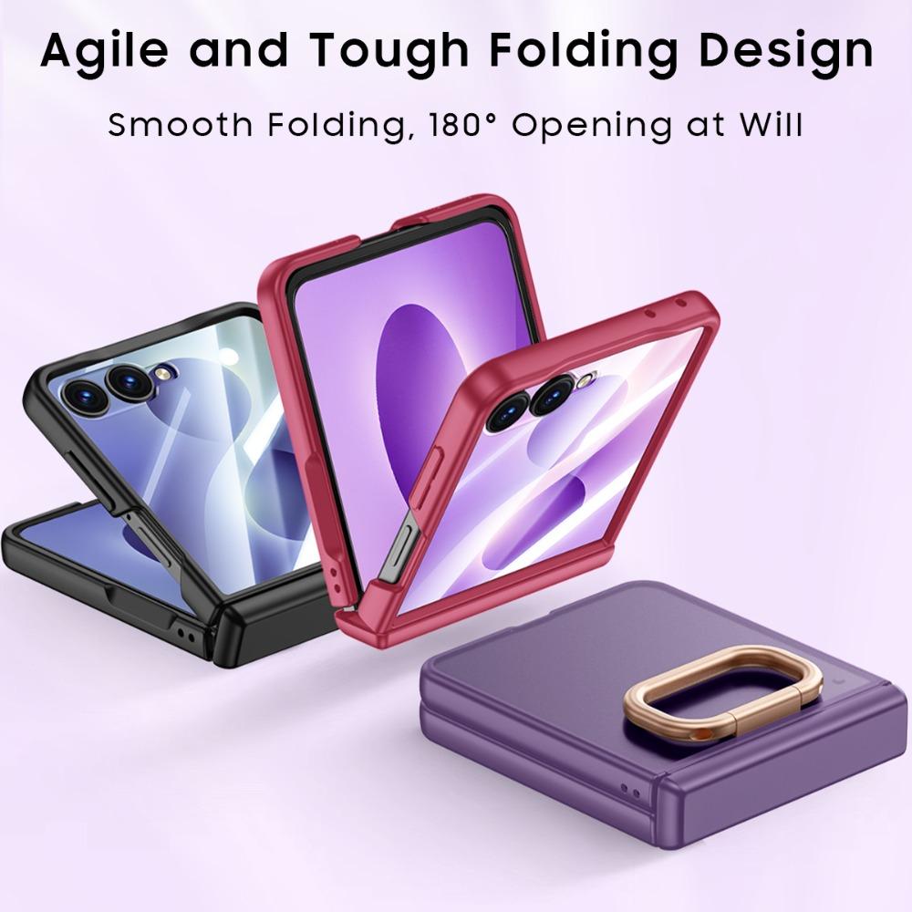 Luxury Ultra-thin Matte Skin Feel Ring Holder Case For Samsung Galaxy Z Flip 8 7 Bracket Tempered Glass Film Shockproof PC Cover