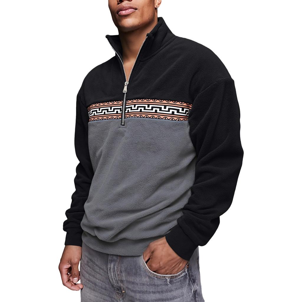 Men's  American Style  Retro  Leisure  Standing Collar  Zipper  Pullover  Loose  Knitting  Splicing And Winter  Long Sleeves  Hoodie
