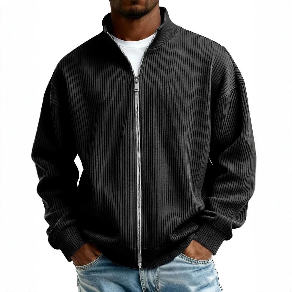 2026 European Men's Chunky Knit Striped Full-Zip Hoodie with Half High Collar – New Autumn/Winter Style