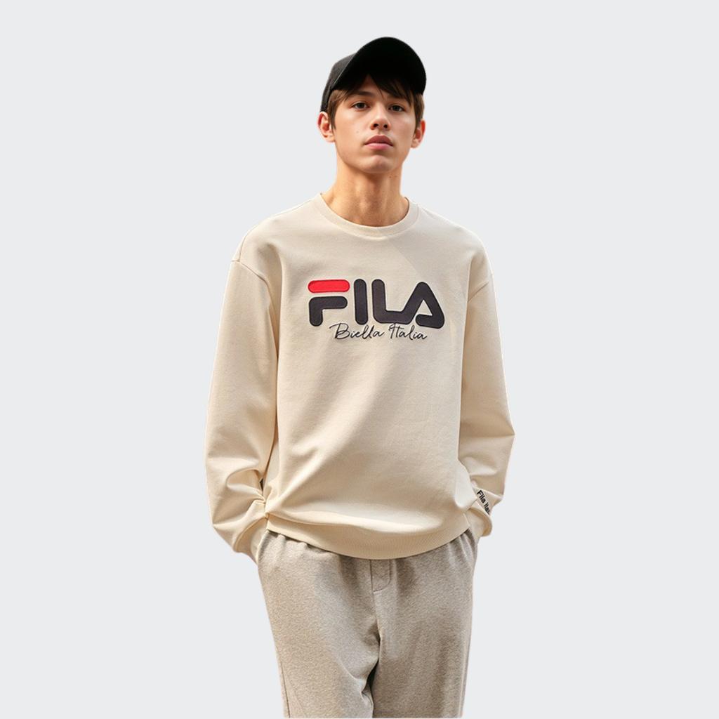 Fila Luźny sweter z logo, z długim rękawem, bluza w stylu amerykańskiego vintage, bluza unisex, Latex-White, F11U249201F-IV