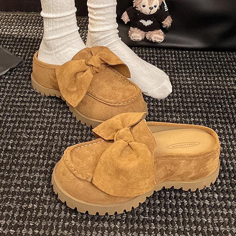 Fashion Bow Flats Women Mules Shoes Platform Suede Slingback Slippers Fashion Dress Sandals 2025 Casual Cozy Designer Zapatos De Mujer