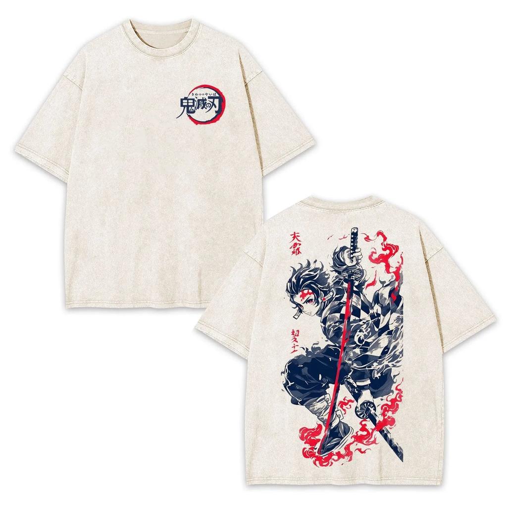Summer New Streetwear Anime Washed Demon Slayer T Shirt Unisex Women Short Sleeve Graphic Tee Harajuku Loose Casual Top Y2k Clothes