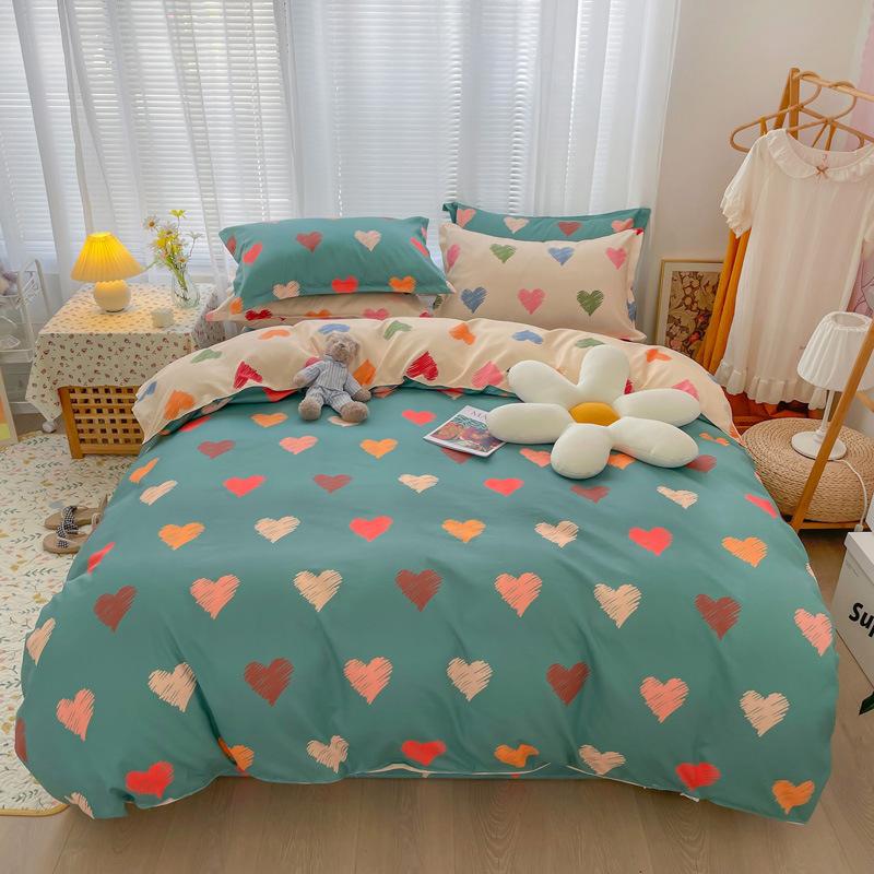 Set mic din patru piese din bumbac periat, proaspăt, îngroșat, din trei piese din bumbac imprimat, cearșaf de pat și cuvertură