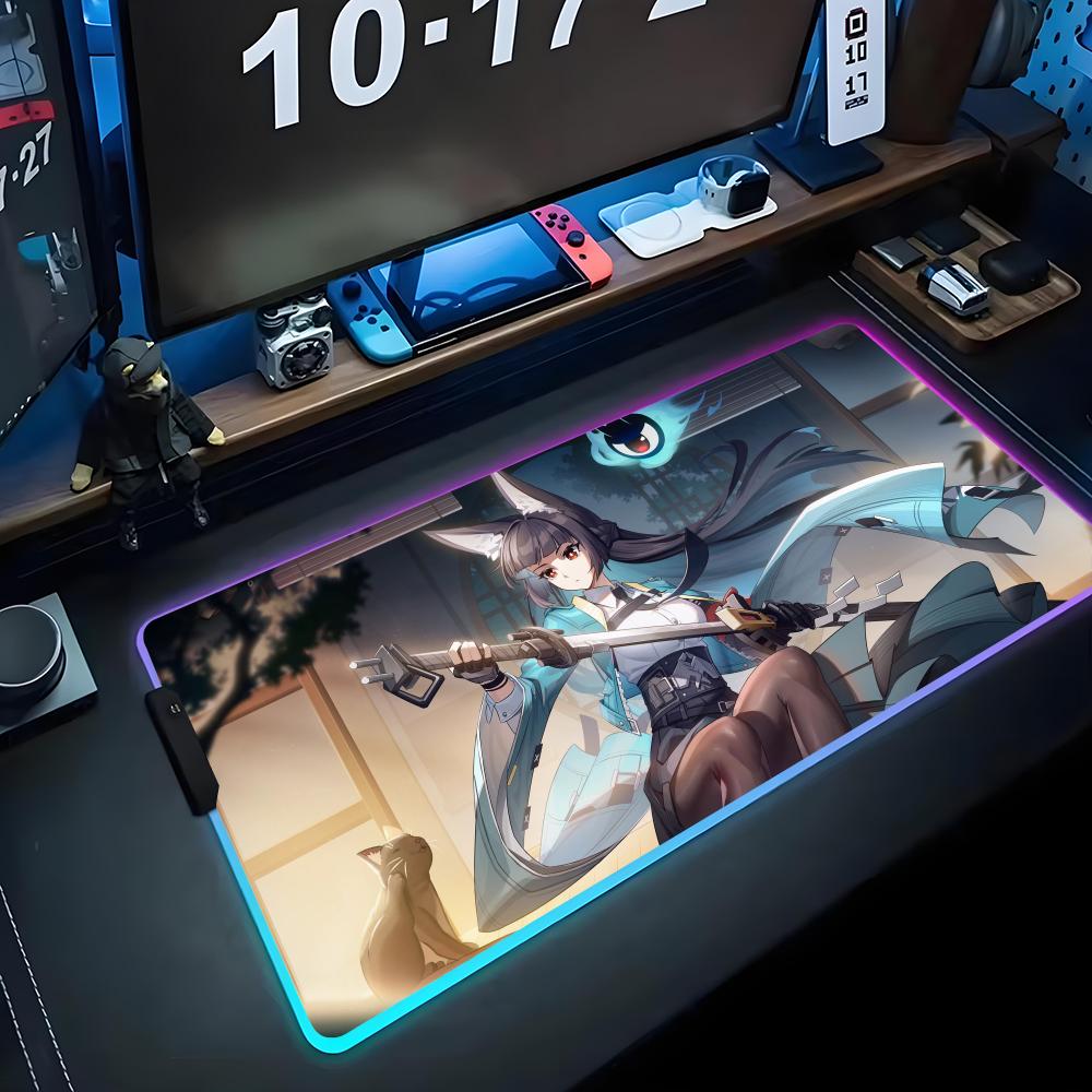 Miyabi Hoshimi Mouse Pad RGB Gaming Mousepad Big LED Pad PC Desk Mat Luminous Mouse Pad Large Keyboard Mats Table Rug With