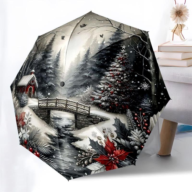 

1pc Winter Wonderland Christmas Tree with Snowflakes, Automatic Opening Umbrella, Portable 3-Fold Design, 8-Bone Iron Frame Outdoor Umbrella, Festive