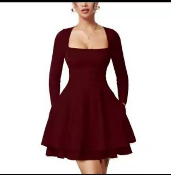 2025 European & American Women s Spicy Girl Slim Fit Square Neck Long Sleeve Winter Dress M