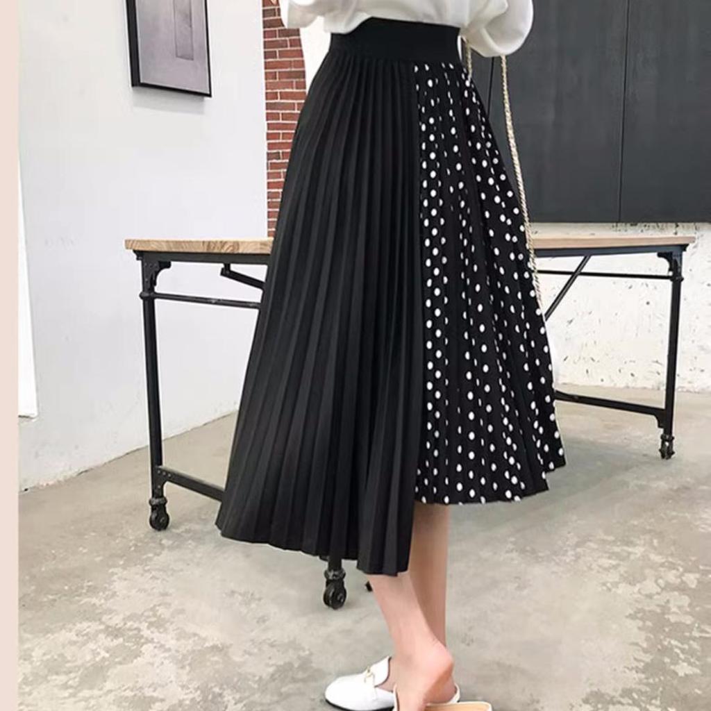 Tooxika Large Women's Pleated Polka Dot Patchwork Mid Length Chiffon Large Hem Skirt