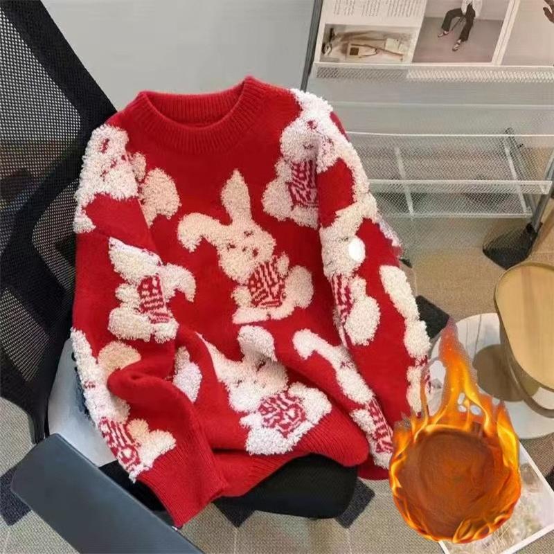 Rabbit Jacquard Lady Solid Color Sweater Sweet Ladies Loose Fashion Sweater Winter Versatile Comfortable Women's Round Neck Top