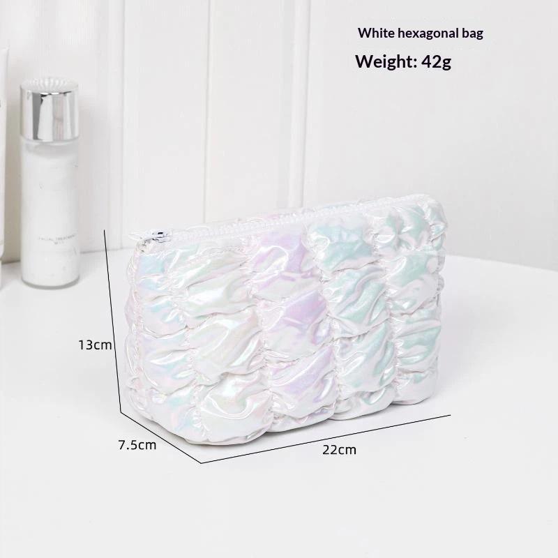 Iridescent Pink Puffy Makeup Bag With Bubble Grid Design Large Capacity For Travel Daily Cosmetic Storage