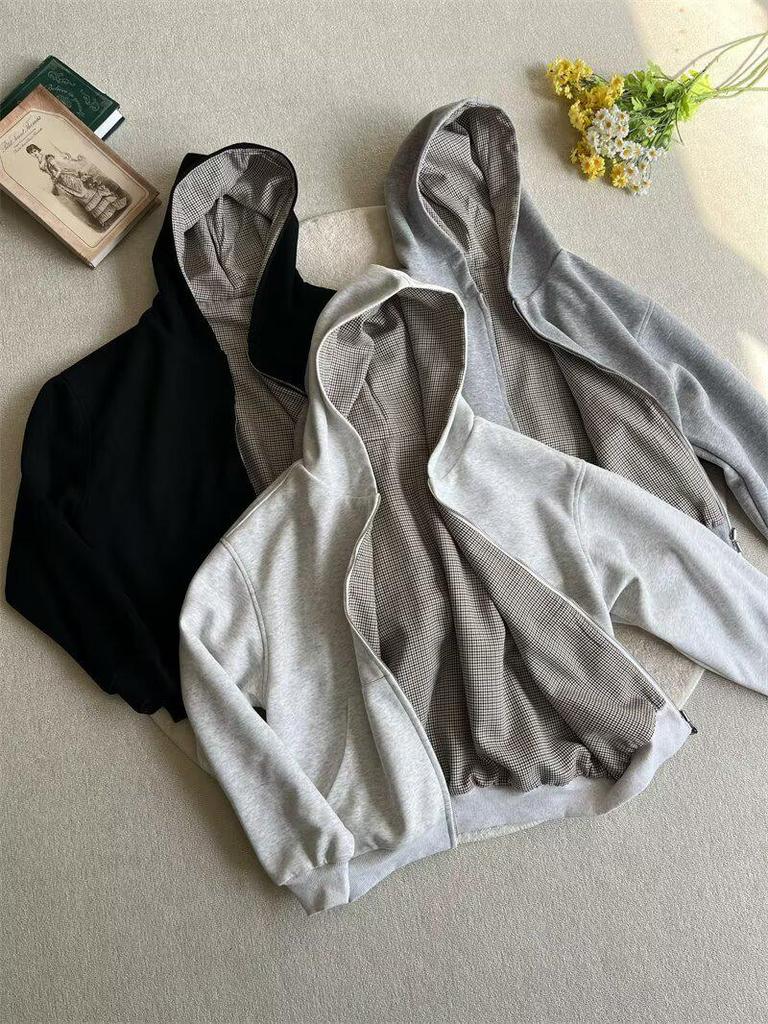 Men’s Reversible Plaid Hooded Zip-Up Sweatshirt – Casual, High-End, Loose Fit for Spring & Autumn