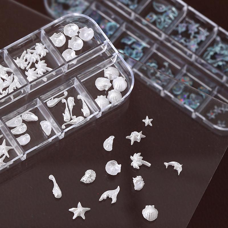 12 Grids/Box Aurora 3D Nail Charms - Shell Starfish Mermaid Tail Oceanic Accessories, Dreamy Manicure DIY Salon Decorations