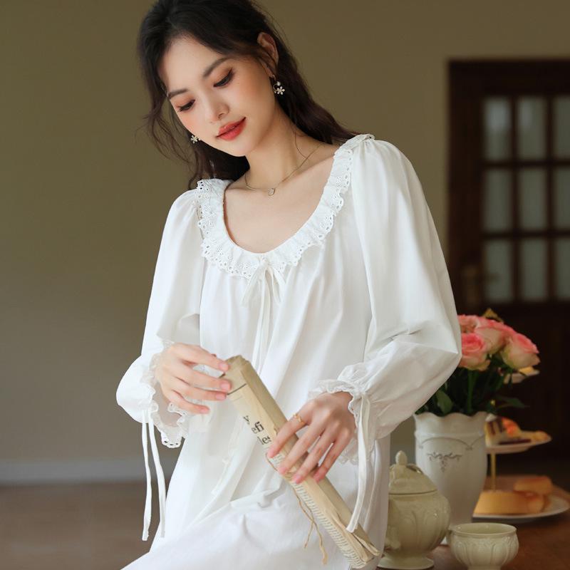 Cămașă de noapte de bumbac cu mâneci lungi pentru femei, stil curte - Largă, mărime plus, moale, pijama de toamnă/iarnă pentru purtare în interior/exterior