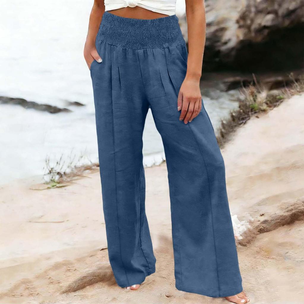 Women's Casual Fashion Cotton Linen Elastic Waist Pants With Pockets
