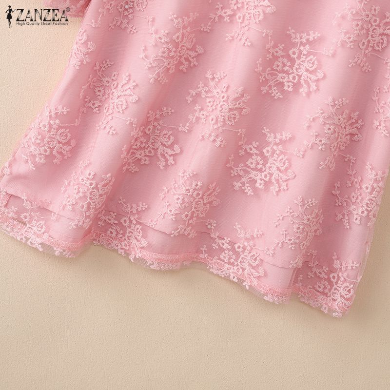 ZANZEA Women Stand Collar Loose Casual Lace Patchwork Short Sleeve Blouse