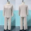 Ensemble de détente chaud pour femme en tricot côtelé avec cordon de serrage à la taille, poches, coupe ample, haut à manches longues, pantalon large