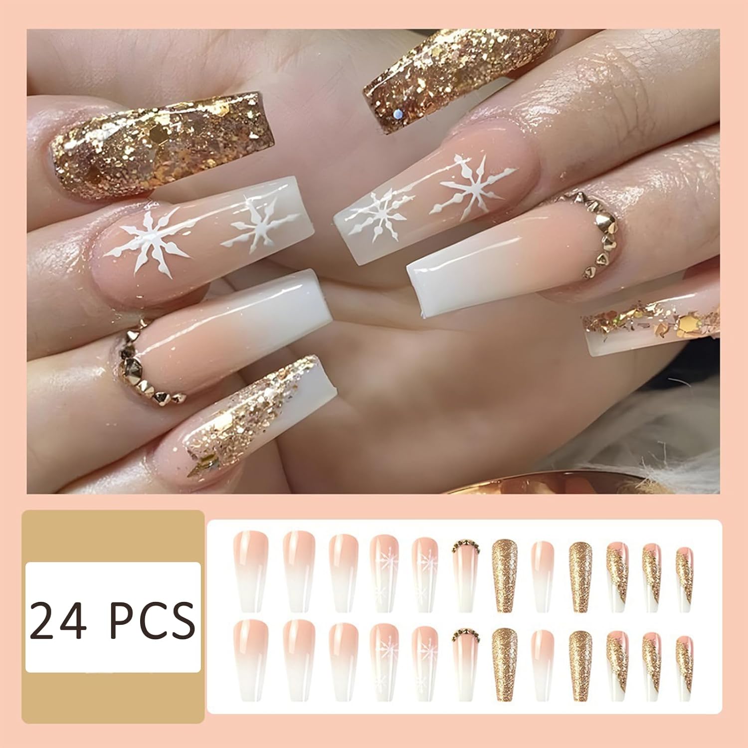 24 Pcs Christmas Glitter Snowflake Press on Nails Square Fake Nails with Snowflake Rhinestones Design False Nails Cute Pink Gradient Gloss Acrylic