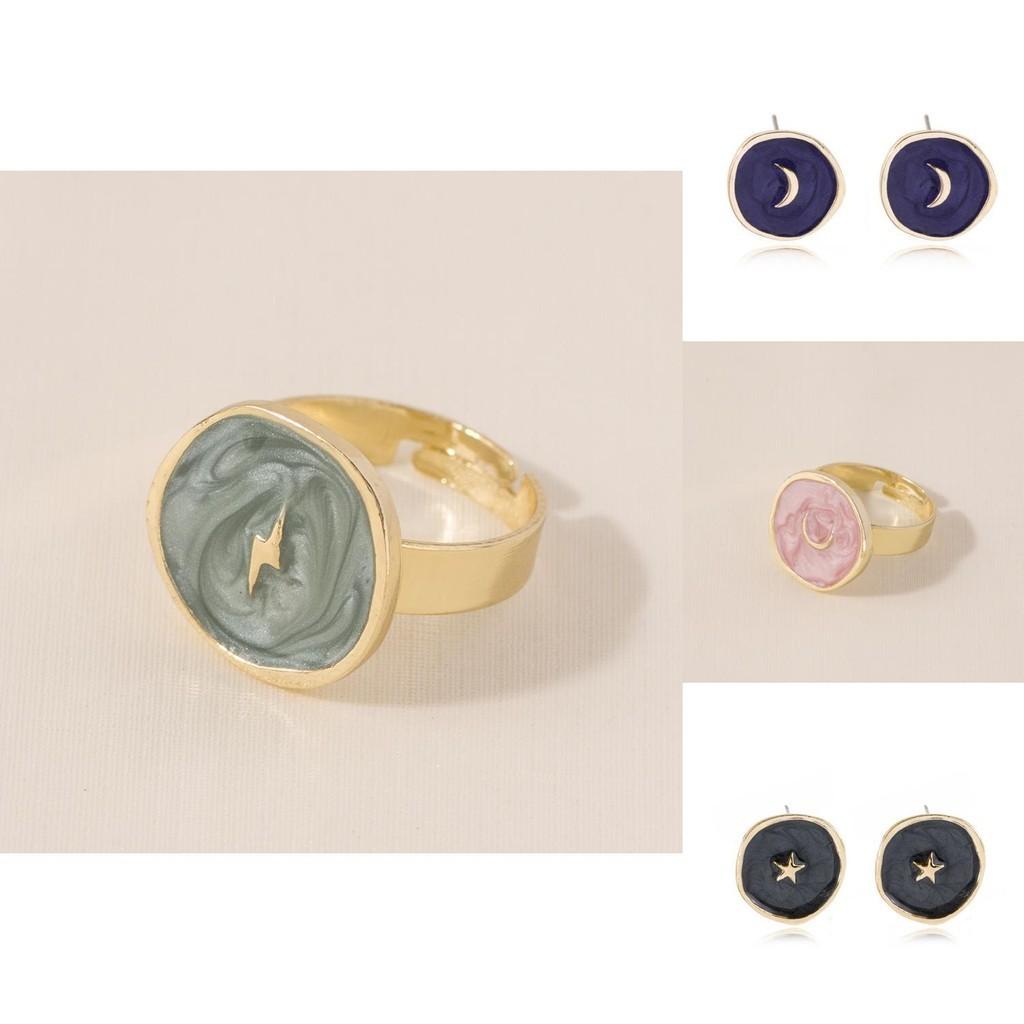 Elegant Heart Moon Star Earrings Ring Necklace Set Geometric Alloy Plated Jewelry