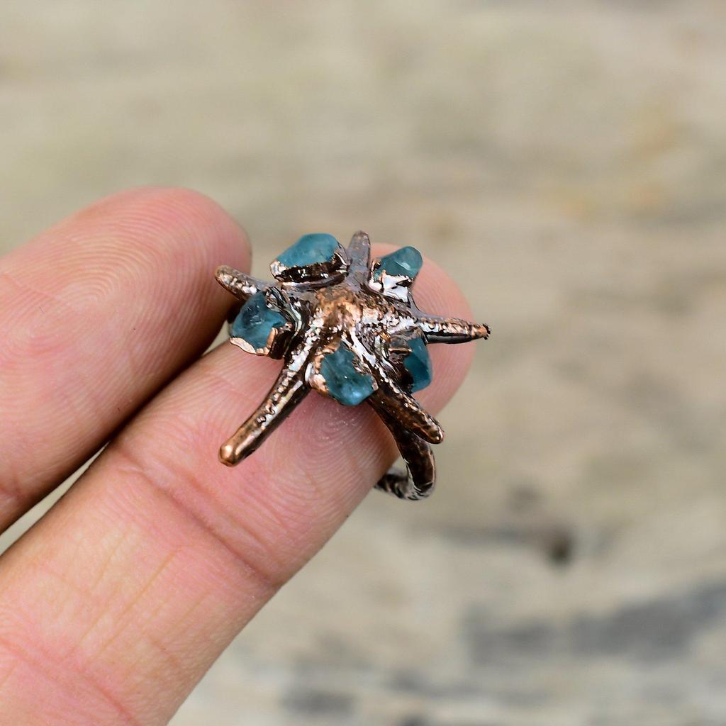 Aquamarine Rough Ring Electroformed Copper Ring Handmade Adjustable Ring Copper Jewelry Gemstone Ring Anniversary Gift Electroformed Jewelry