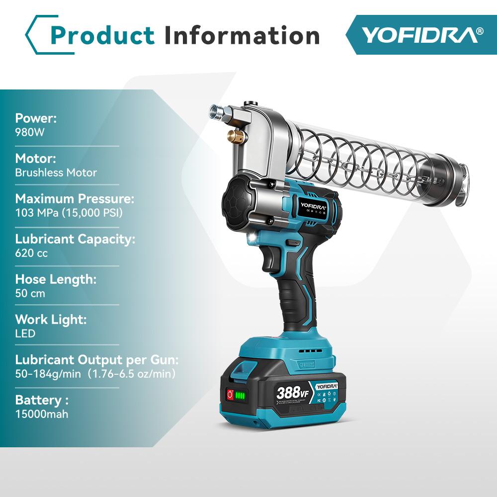 YOFIDRA 15000PSI 103Mpa Electric Grease Gun High Pressure Lubricating Oil Injector Machine Grease Gun For Makita 18V Battery Pin