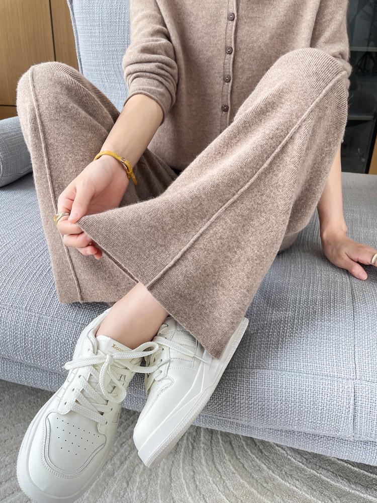 Women's High-Waisted Wide-Leg Knit Pants - Warm, Thick, Casual Floor-Length with Drawstring