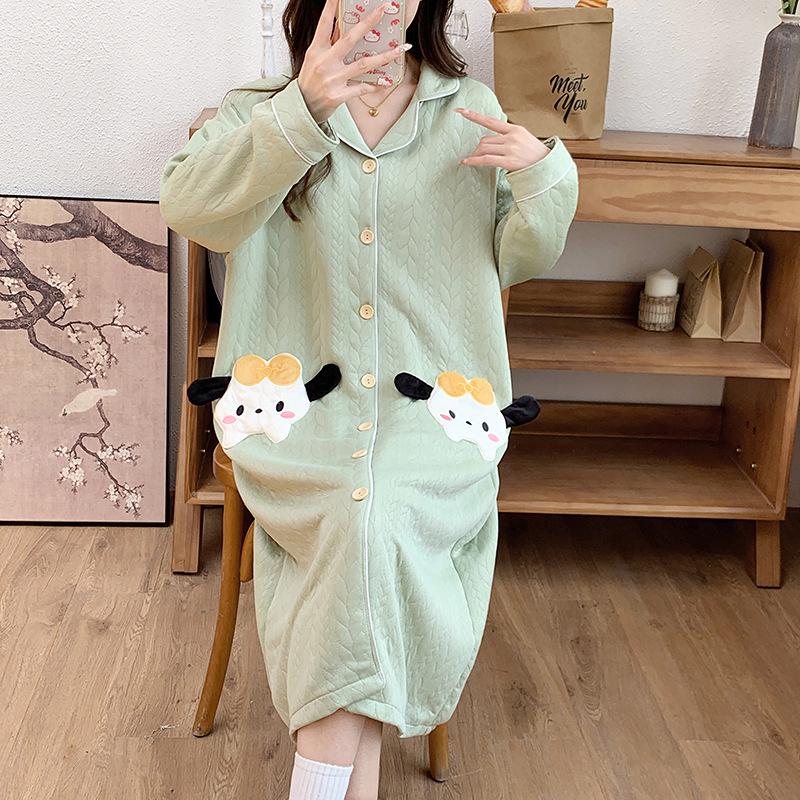 Umstandspajamakleid aus Luftbaumwolle für Herbst/Winter - Übergröße für pränatale, Krankenhaus- und postpartale/Stillzeit-Nutzung