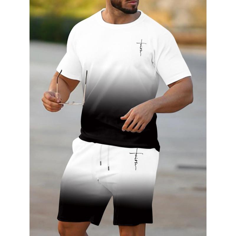 2026 New Summer Men's Casual Loose-Fit Set Two-Piece Set with Oversized Letter Print Round-Neck Short-Sleeve Top and Shorts