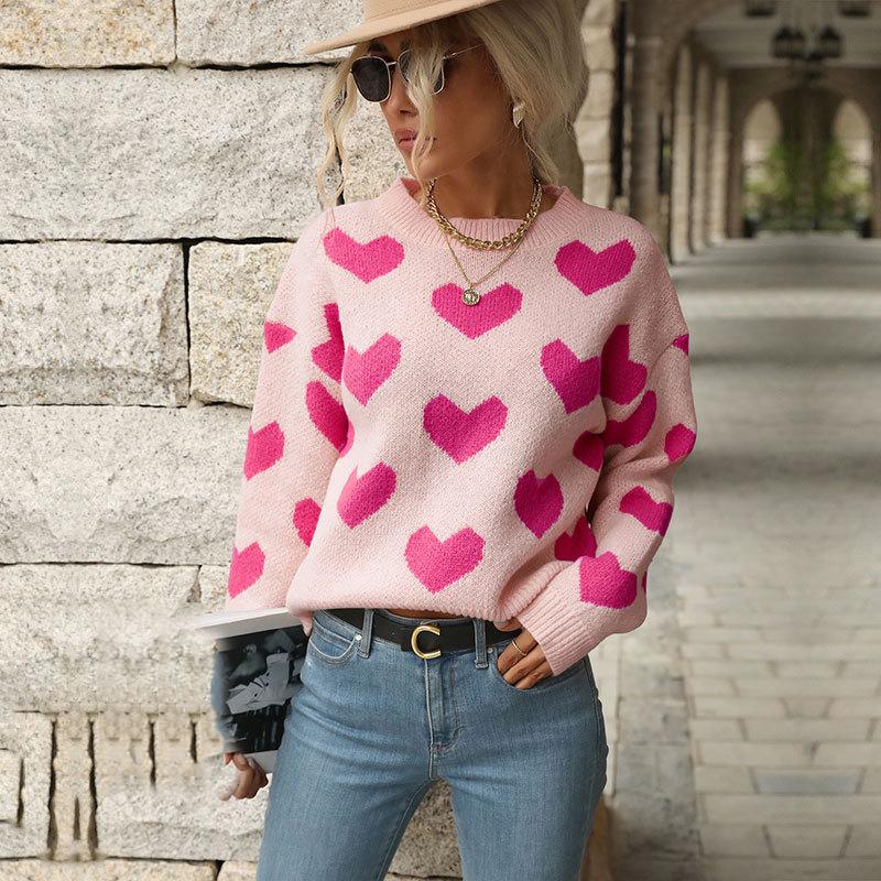 Vintage Fashion Elegant Casual Autumn and Winter Valentine's Day Love Long Sleeve Pink Sweater
