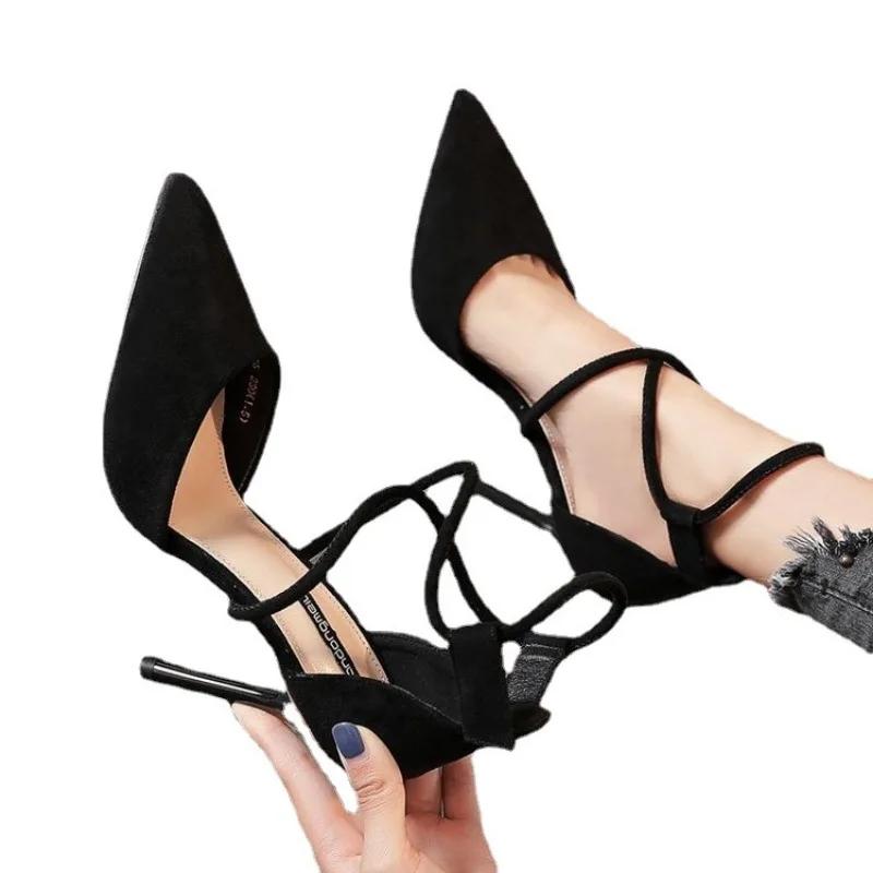 Nieuwe kruisband Romeinse sandalen Suède hoge hakken Damesschoenen Eenlijns gesp Fijne hak Puntige sandalen Zapatos De Mujer