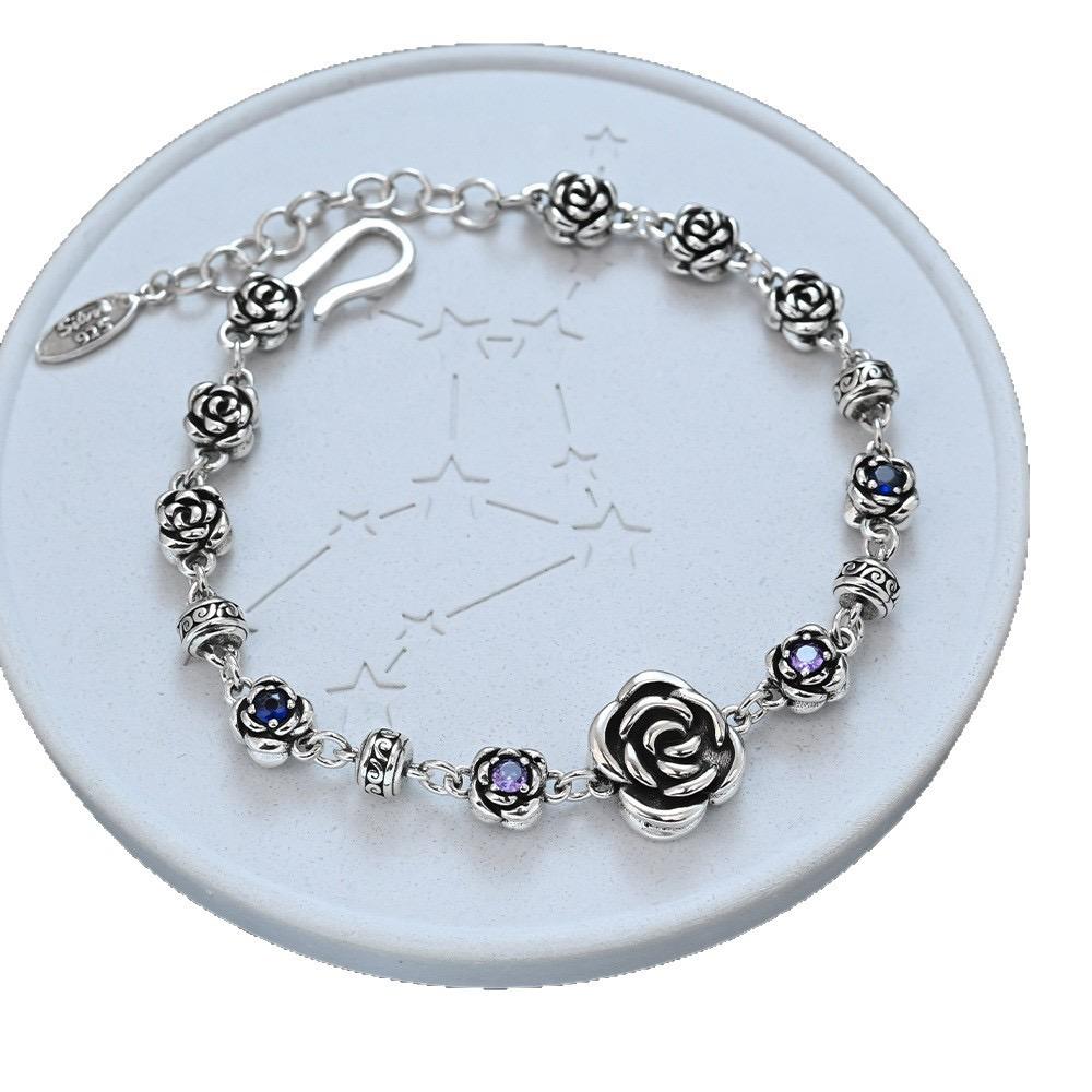 100% Solid 925 Sterling Silver Retro Bracelet for Women Men Vintage Handmade Rose Shape Simple Bracelet Birthday Gift