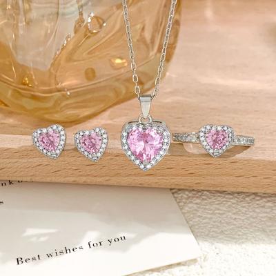 Heart-shaped Zircon Jewelry Set for Earrings, Rings and Necklace - Sweet and Fresh, Elegant Accessory for Women
