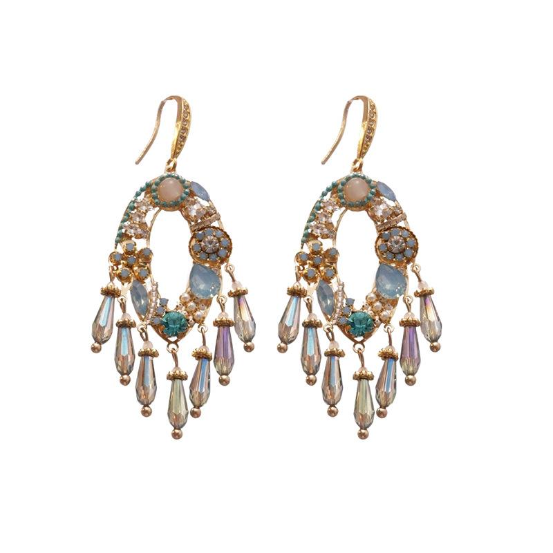 Fashionable Crystal Flower Tassel Earrings with Embedded Diamonds Women's Elegant Vintage Feel Holiday Style Jewelry