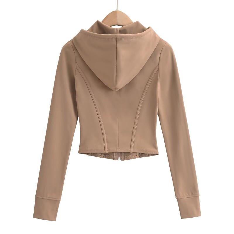 Womens Fitted Hooded Zip-Up Sweatshirt With Ribbed Detail Warm Winter Sportswear