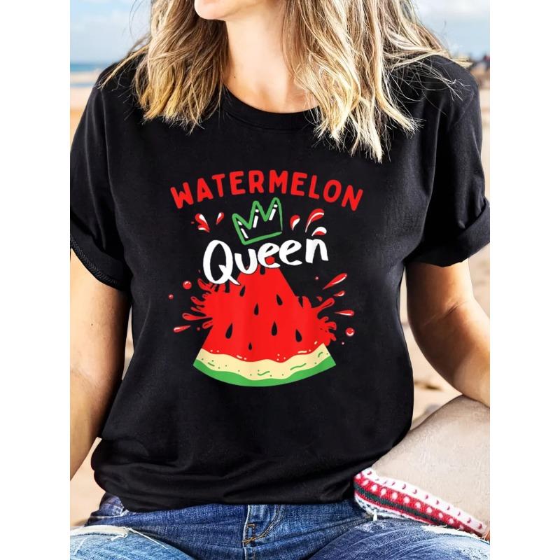 Women's Watermelon Graphic T-Shirt - Casual Short Sleeve Round Neck Top with Vibrant Melon Print & WATERMELON QUEEN