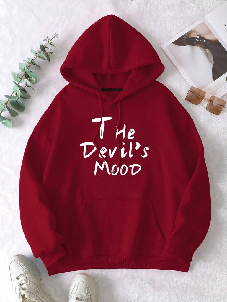 The Devil'S Mood Art Letter Print Women Hoody Vintage Pocket Hoodie Loose Y2K Fleece Clothing Soft Multicolor Streetwear
