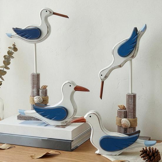 Wood Bird Statue, Nautical Seagull Figurine, Coastal Ocean Standing Sea Bird Statue for Home Bathroom, Living Room, Table Decor