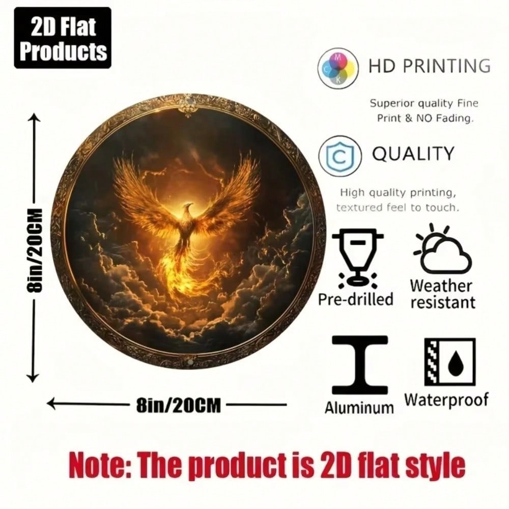 

Phoenix Metal Wall Art Round Aluminum Plaque Golden Wings Sunset Sky Home Decor 20x20