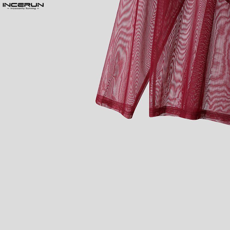 INCERUN Chemises Hauts Décontractés de Fête pour Hommes à Col Profond à Manches Longues en Maille Transparente