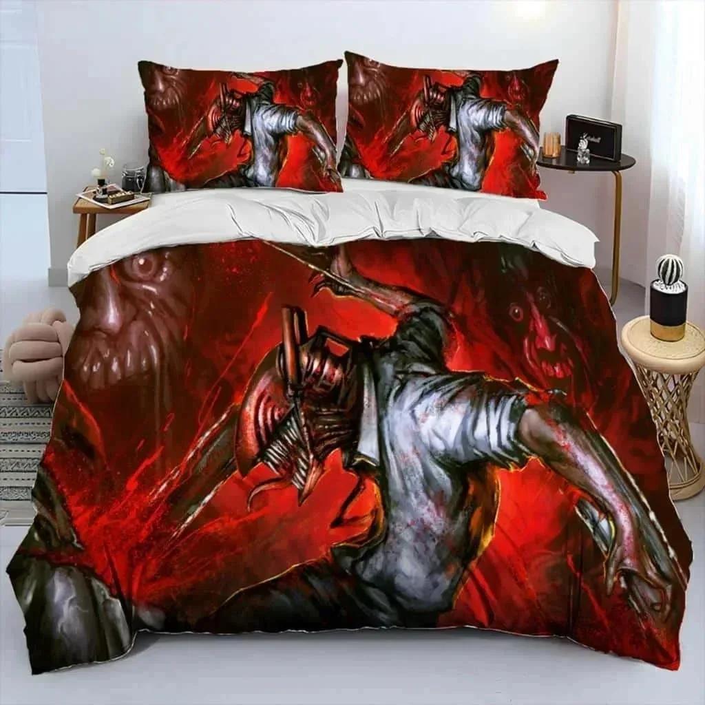 Kettensägenmann Denji Cartoon Bettdecke Bettwäsche-Set, Polyester Bettbezug Kissenbezug, King Queen Size Bettbezug Bettgarnitur