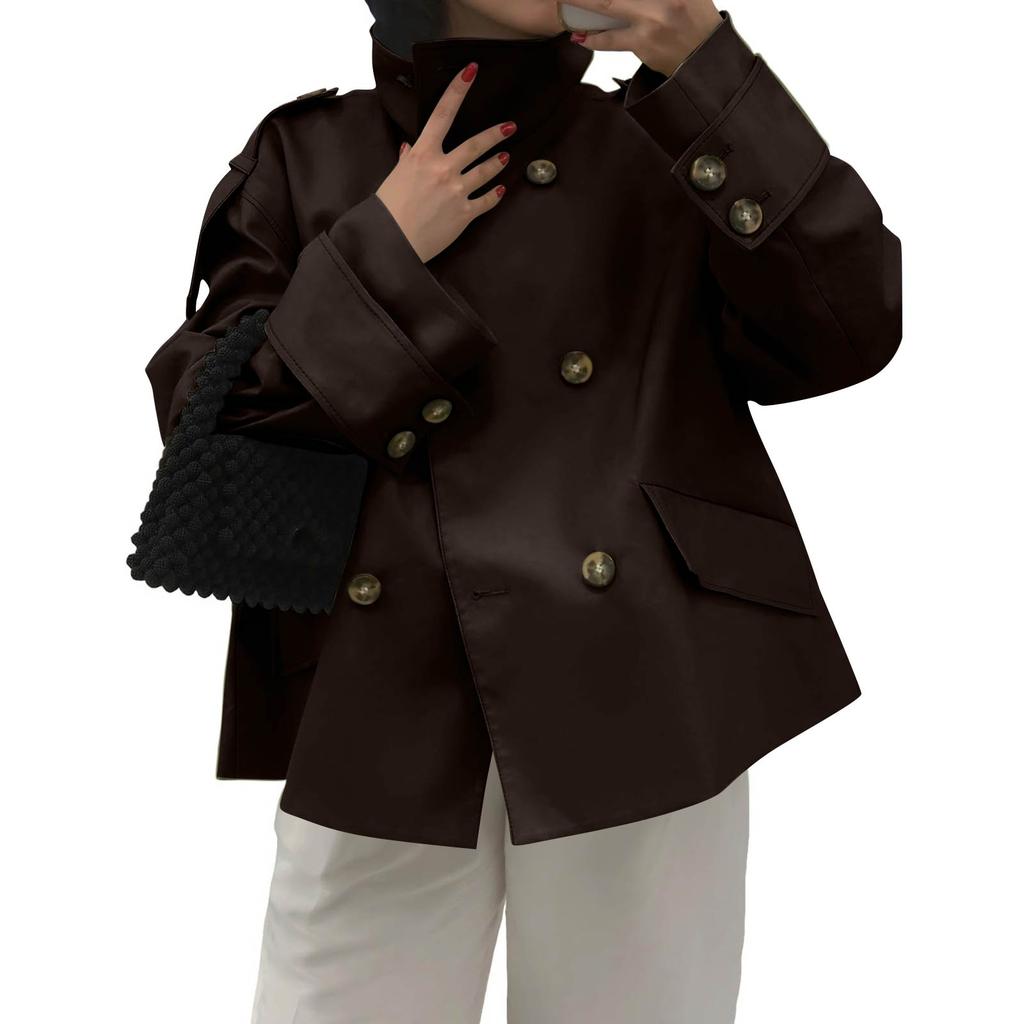 Women's Fashion Stand Collar Double-Breasted Waist-Defining Belted Short Trench Coat