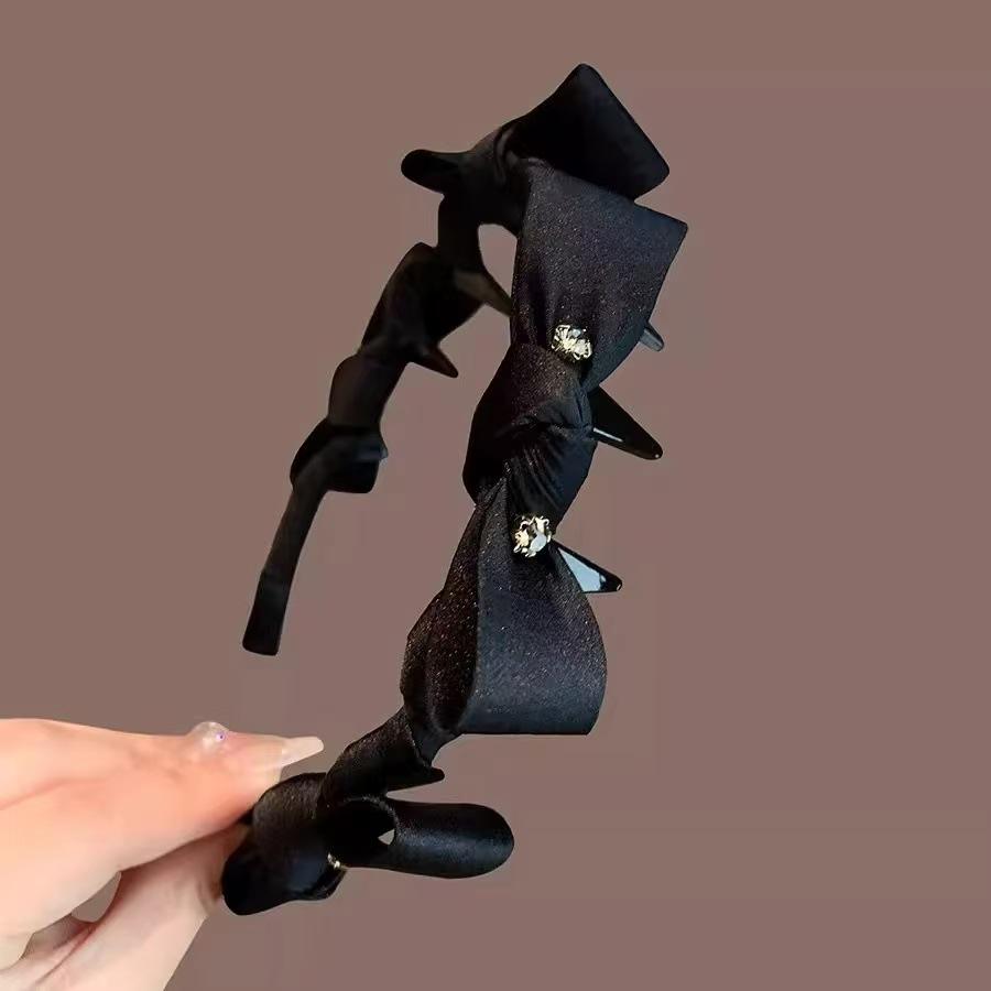 Retro Black Rhinestone Bow Non-Slip Wave Headband with Teeth
