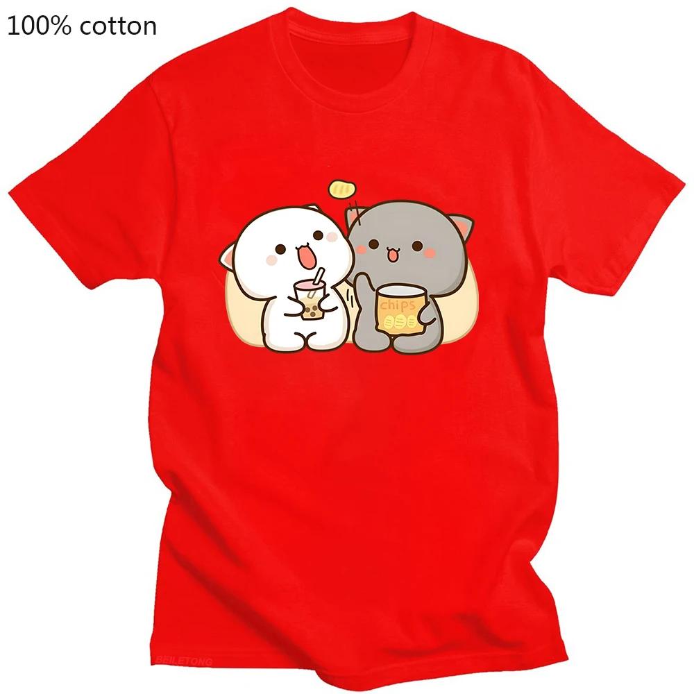 100% Cotton T-shirt Kawaii Mochi Peach Cat Clothing Bubble Tea Graphic Tshirts Casual Summer Tees Camisetas De Muje Short Sleeve