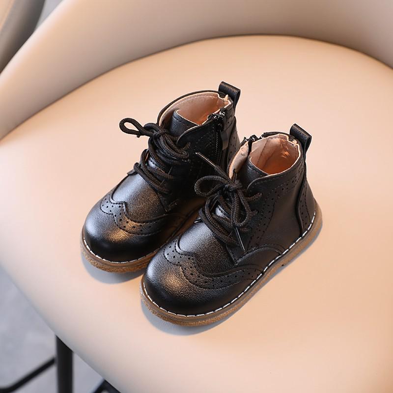 

Children Boots British Style Fretwork Pu Leather Brown Black Boys Girls Short Boot 21-30 Toddler Zipper Solid Color Kids Shoes 23