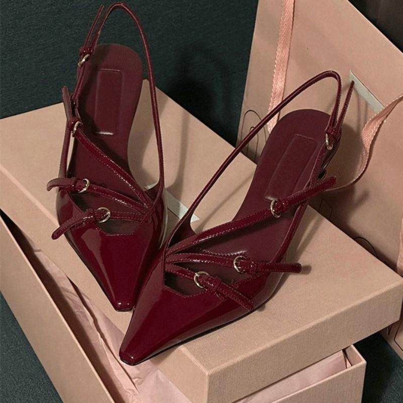 Fashion 2025 New Patent Leather One-Line Buckle Cat Sandals Women'S Black Silk Pointy Stiletto Heels