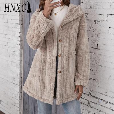 Autumn and Winter Thickened Plush Striped Embossed Button Cardigan Hooded Jacket