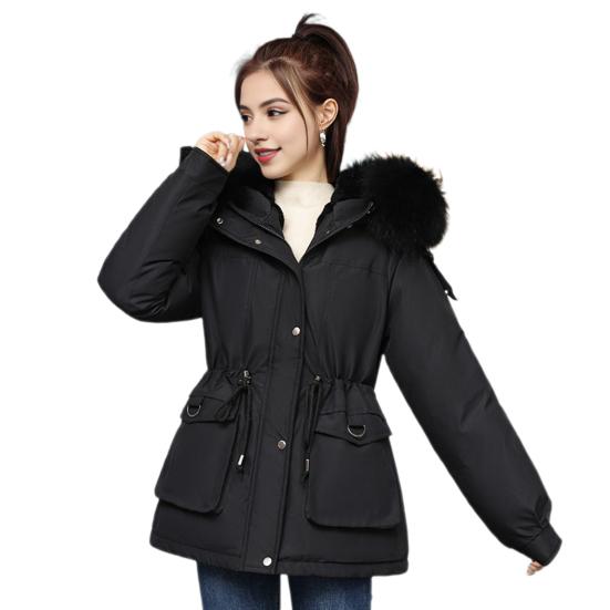 Women Winter Coat Thick Plush Furry Hooded Long Sleeves Pockets Drawstring Waist Zip-up Windproof Mid Length Overcoat Outdoor Outwear