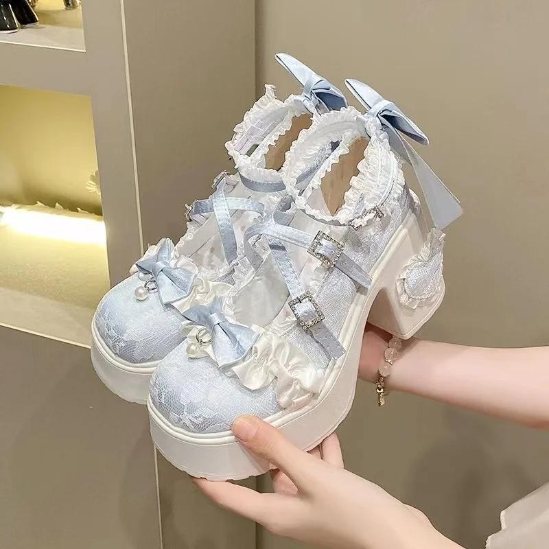 Womens Mary Jane Single Shoe Elegant Temperament Soft Sole Lace Lolita High Heels Fad Beautiful Princess Shoes for Women Tacones